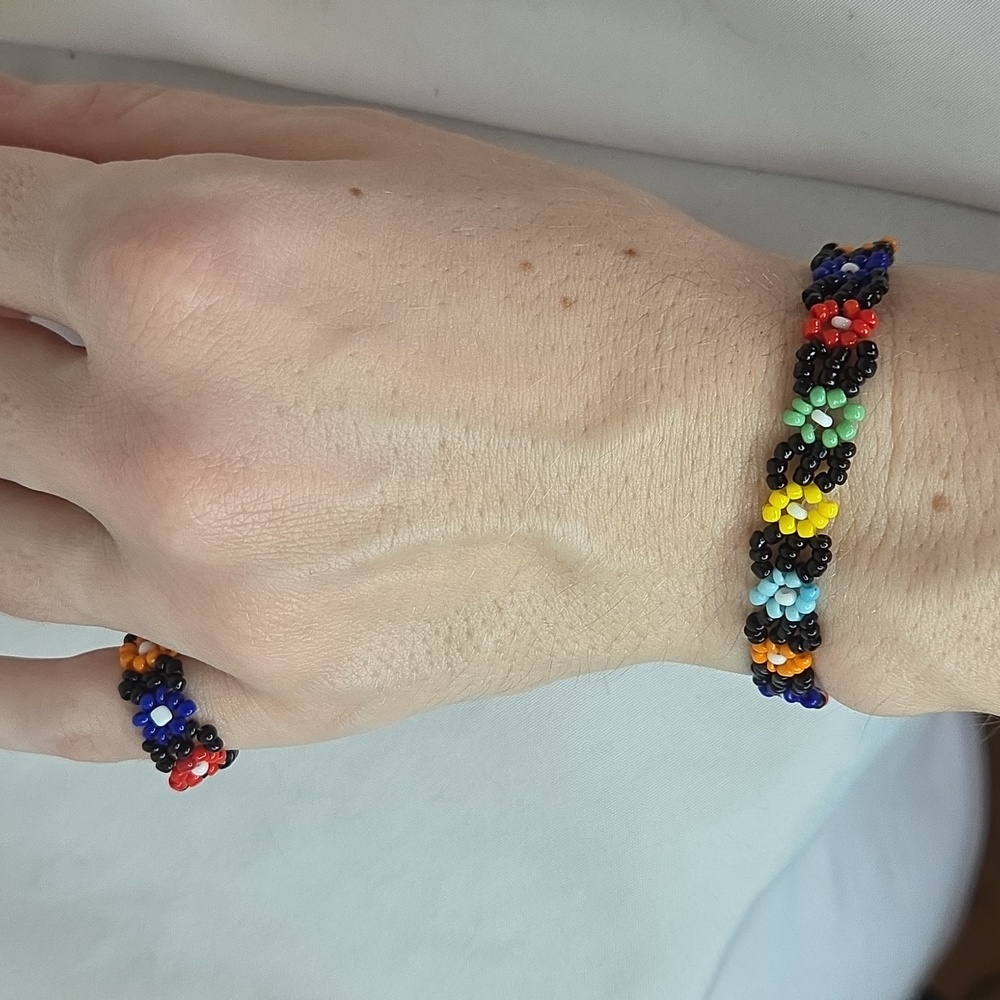 1990s Flower Beaded Bracelet And Ring Vintage Nostalgic Y2k 6.5"